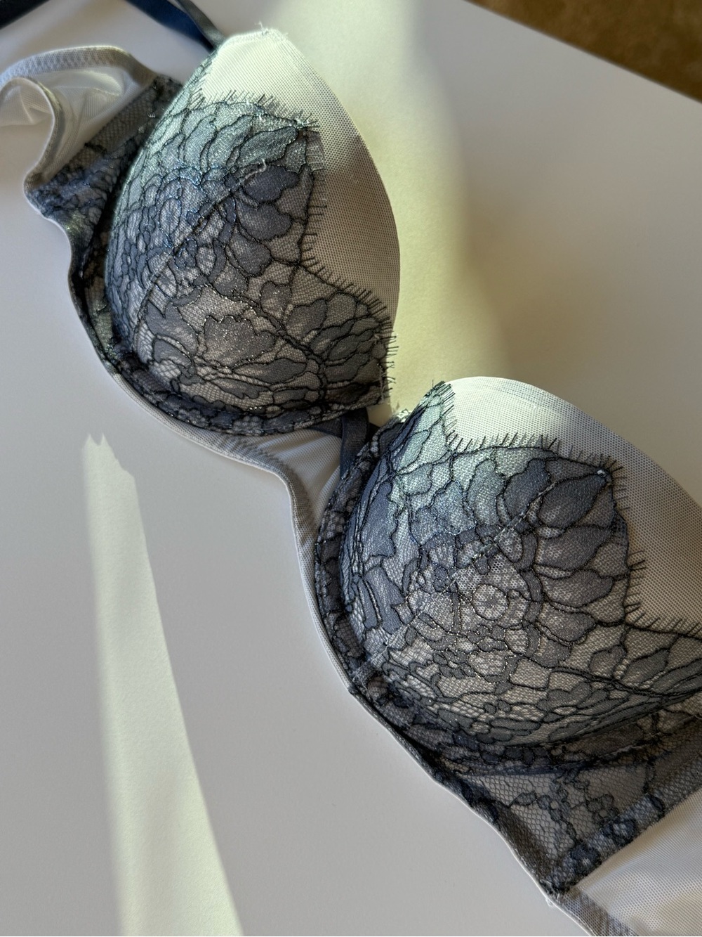Victoria's Secret Light Blue Bra with Dark Blue Lace Overlay